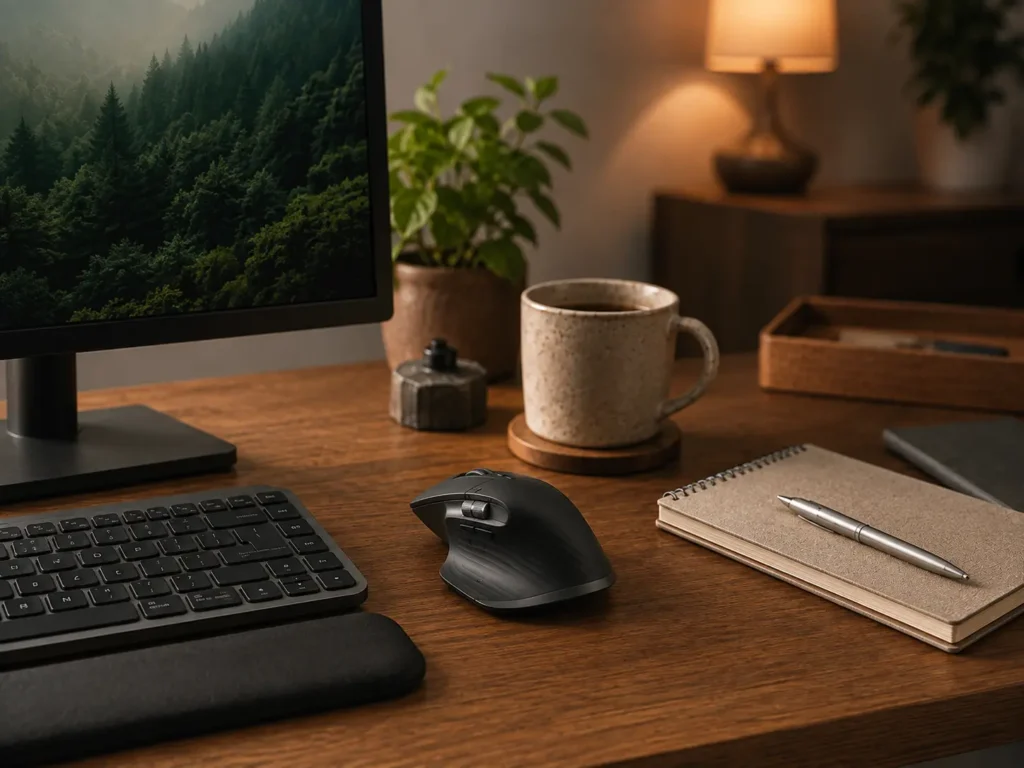 Logitech MX Master 3S beside a keyboard in a quiet ADHD-friendly home workspace
