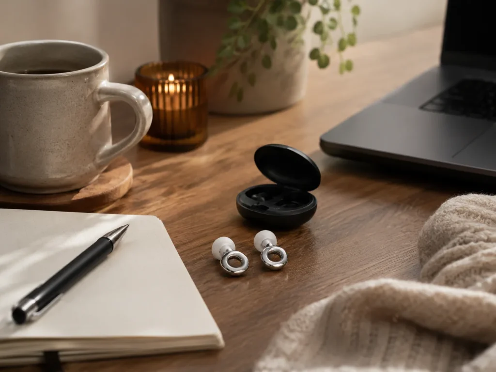 Loop Experience 2 filtered earplugs used at a calm home-office desk