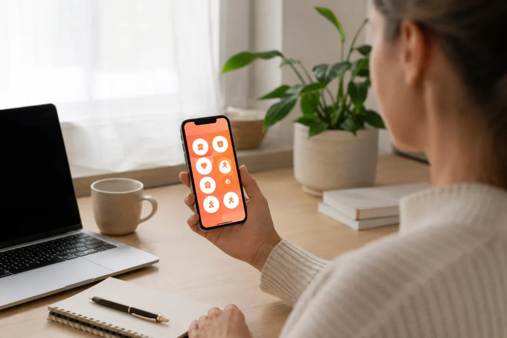 Adult checking daily habits in Streaks at a bright organised desk
