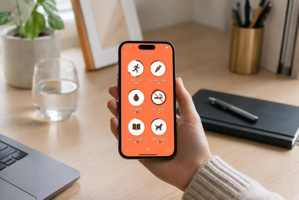 Streaks Review for ADHD habit tracker displayed on a smartphone in an organised workspace