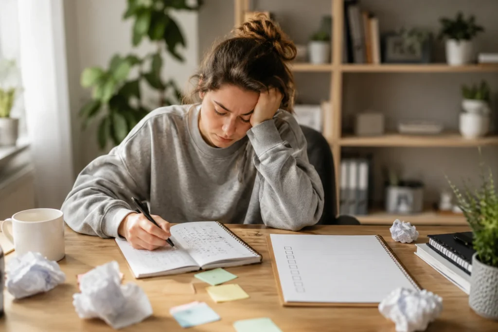 Why ADHD Brains Struggle to Build Habits shown through an unfinished habit tracker and simple daily checklist