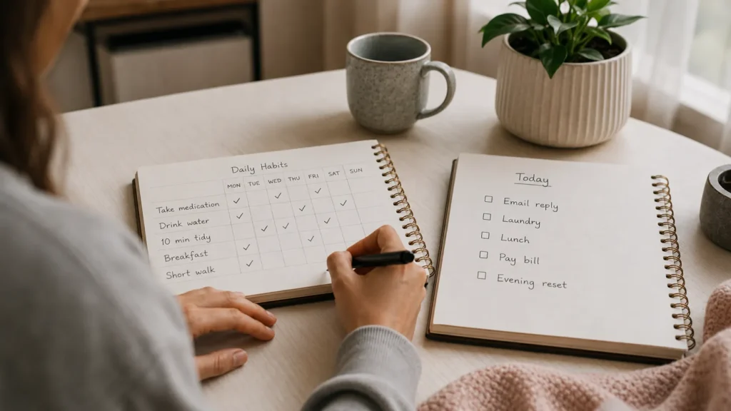 Why Tiny Daily Habits Beat Big Goals with ADHD shown through a simple daily checklist and morning routine