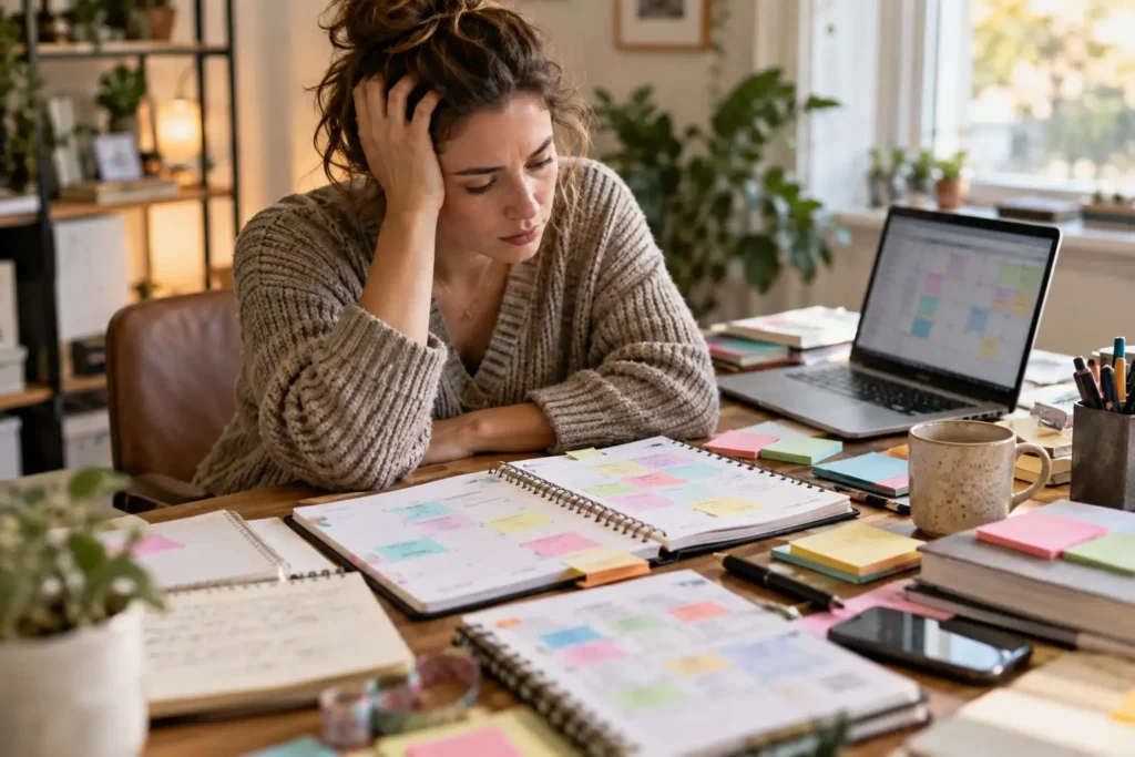 Why Perfect Productivity Systems Fail with ADHD – an overcrowded planner beside a simpler daily task list"
