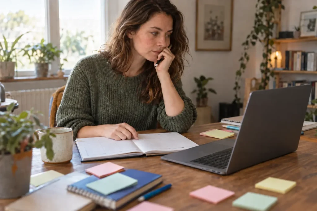 Why Weekly Planning Can Be Difficult with ADHD — an open weekly planner beside a laptop on a desk